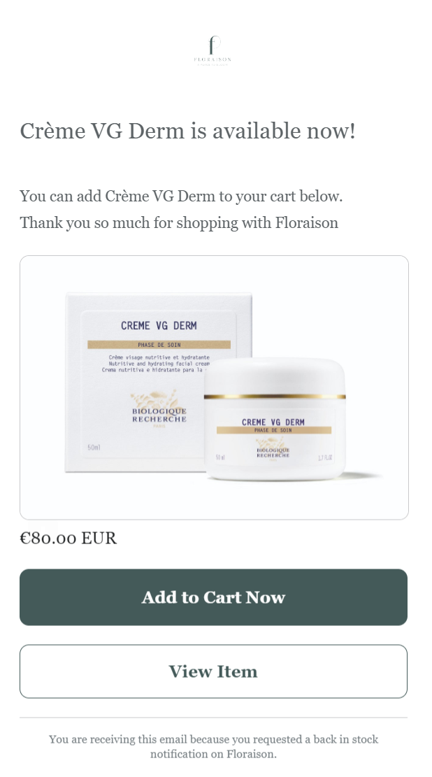 A back in stock email from Floraison