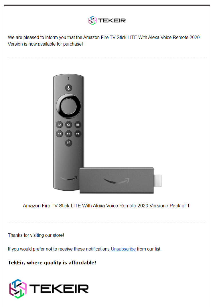 A back in stock email from Tekeir