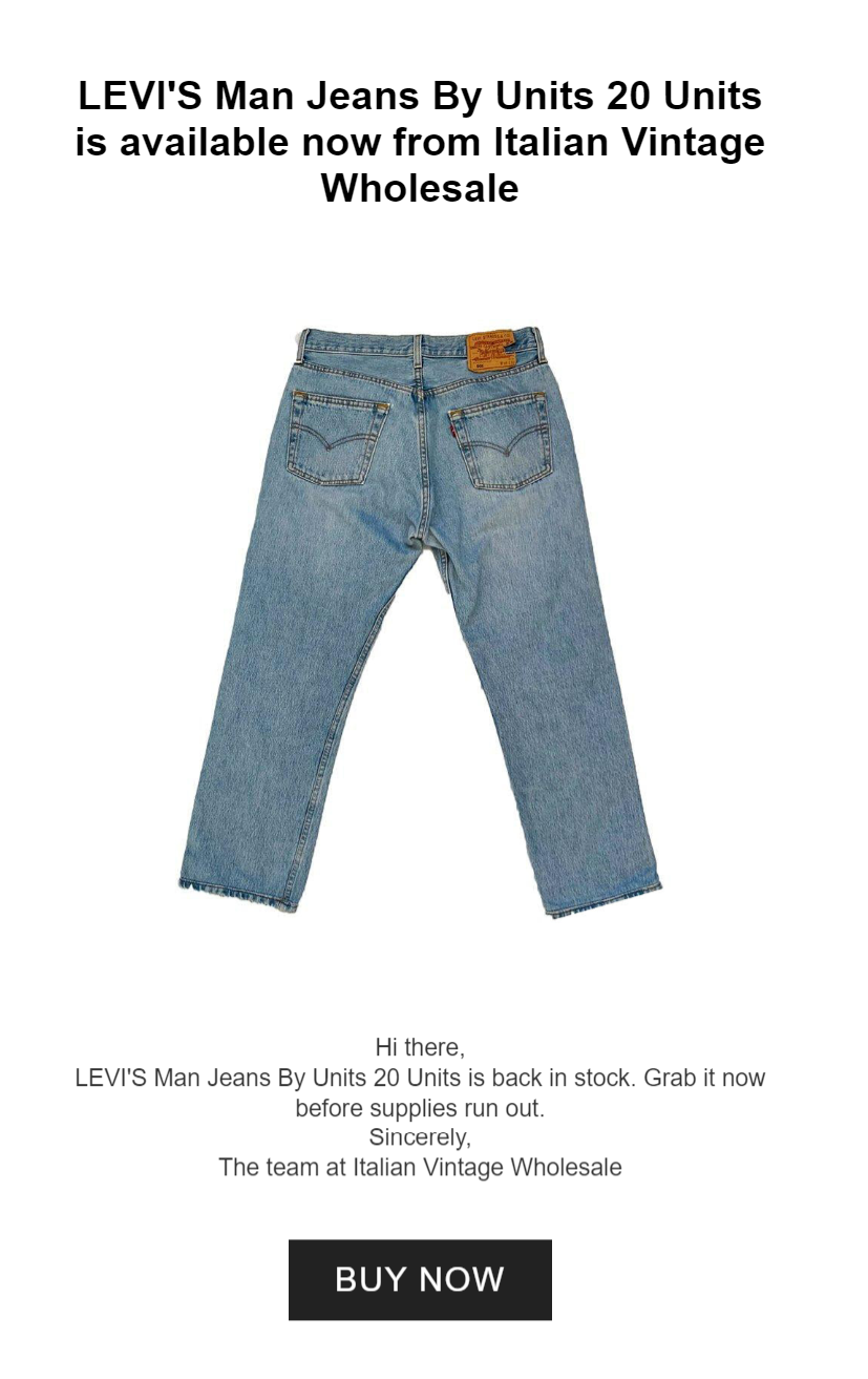 a back in stock email from vintage wholesale