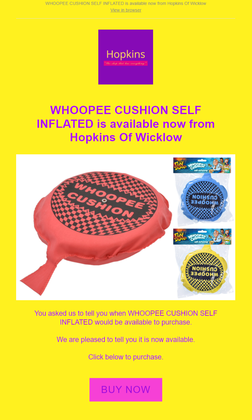 back in stock email from hopkins