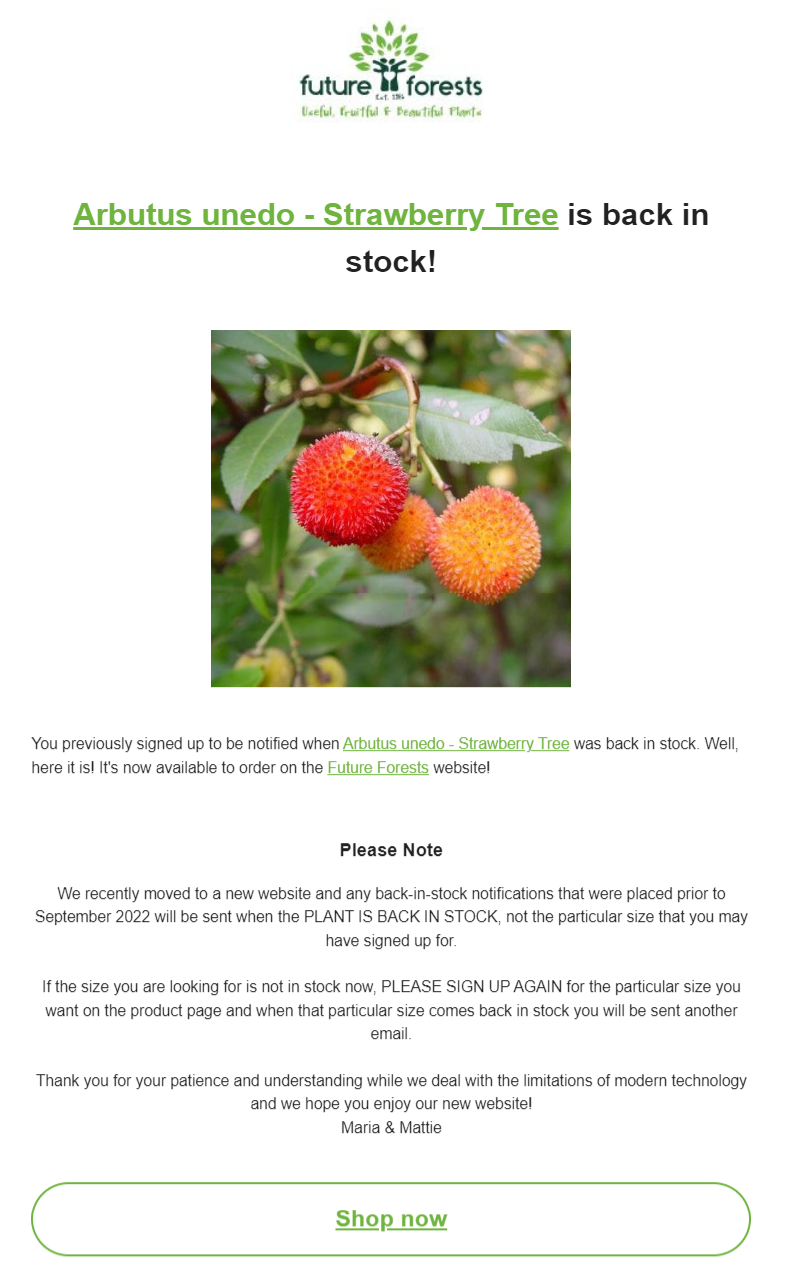 back in stock email from future forests