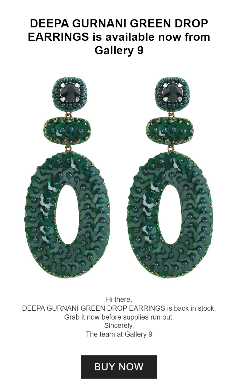A back in stock email from Gallery 9
