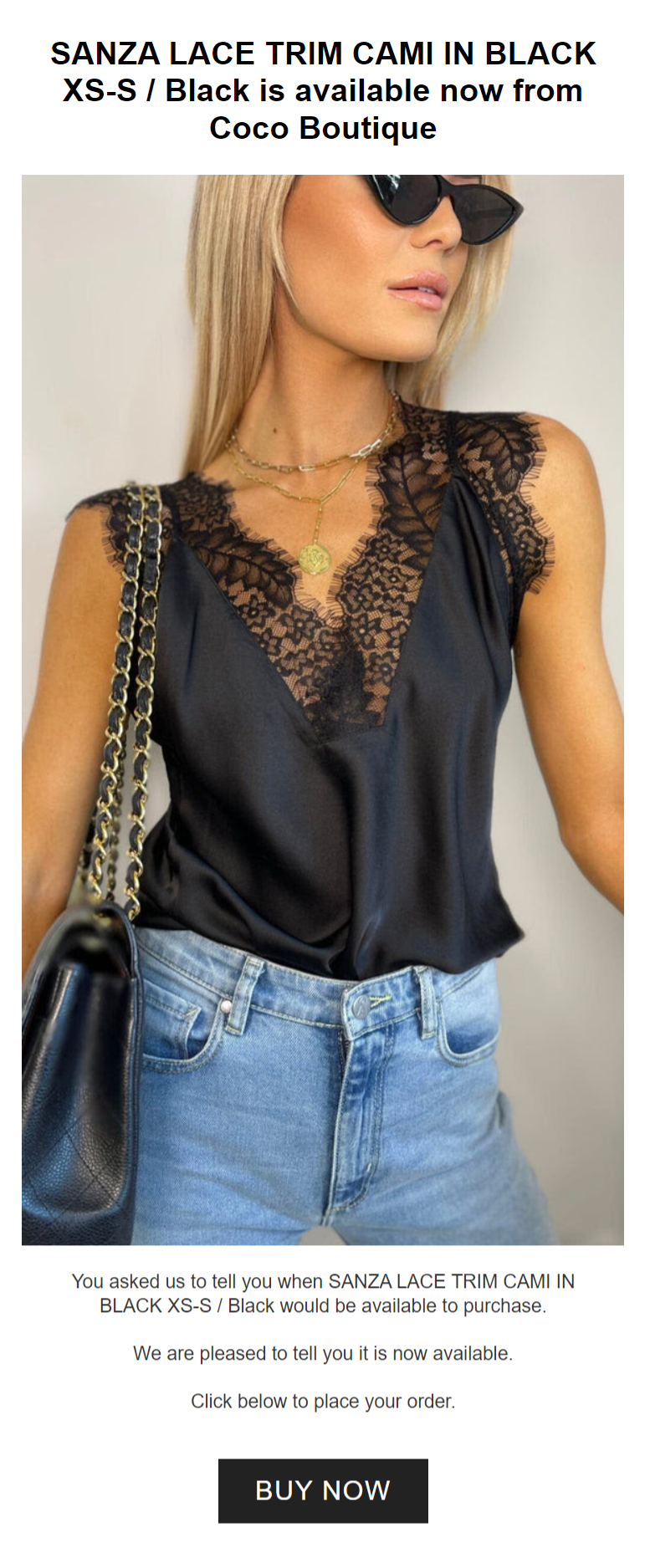a back in stock email from Vintage Wholesale