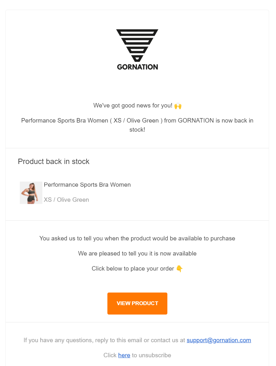 stock email example from Gornation when an out of stock product comes back in stock