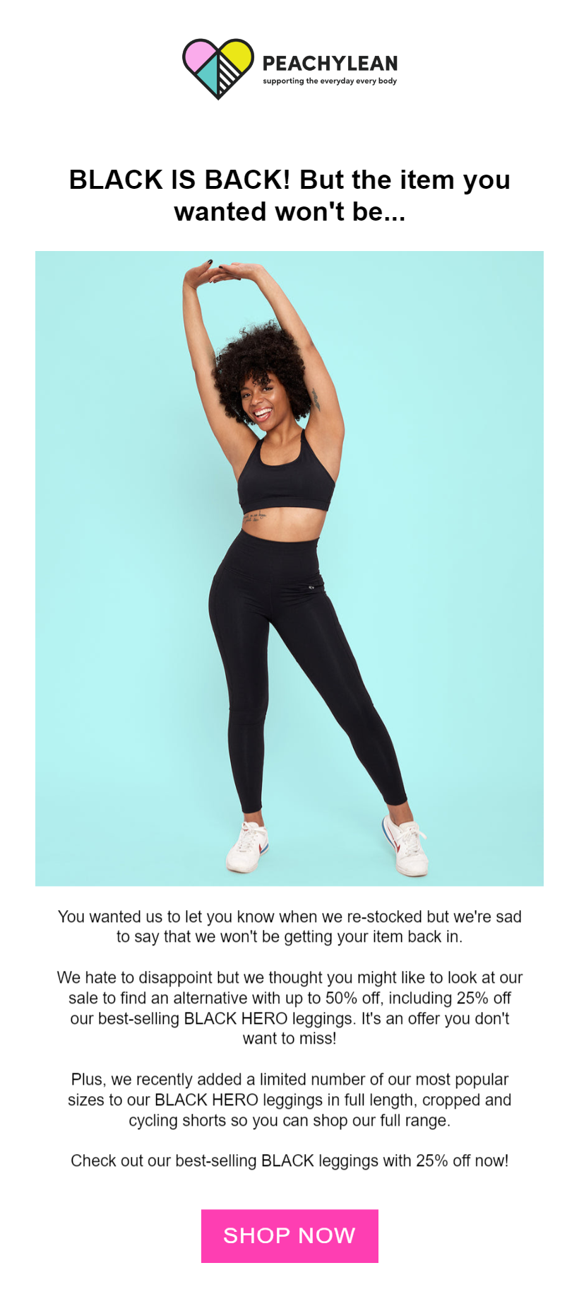 Stock email example from Peachylean