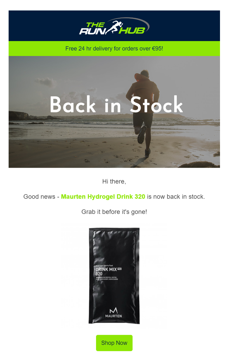 stock email example from The run hub when restocked items are back