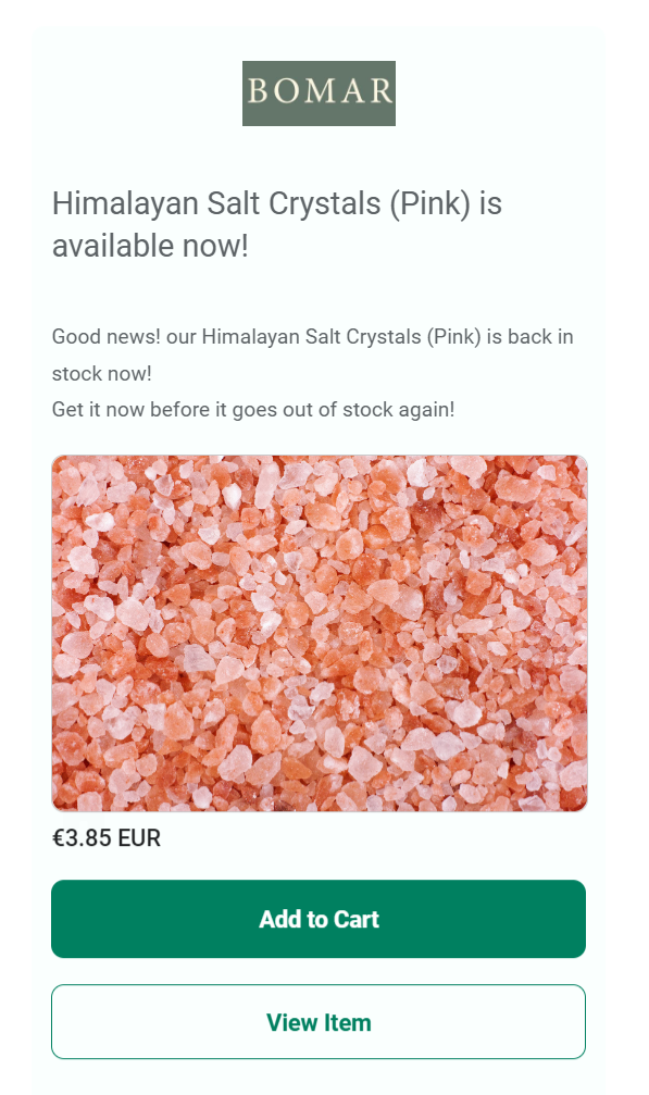 back in stock email from Bomar