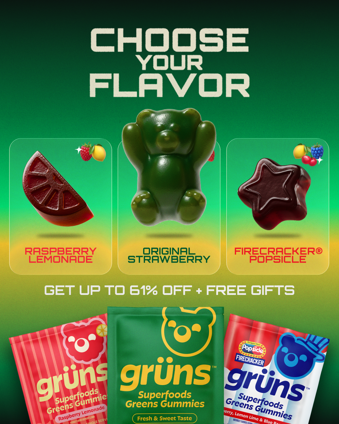 Grüns flavor-choice ad showing three gummy flavors and an up to 61% off plus free gifts offer.