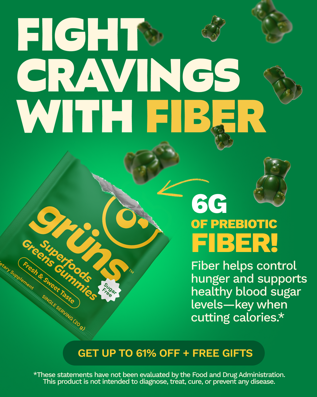 Grüns ad reading 'Fight cravings with fiber' beside a green gummy pouch and a 6 g prebiotic fiber callout.