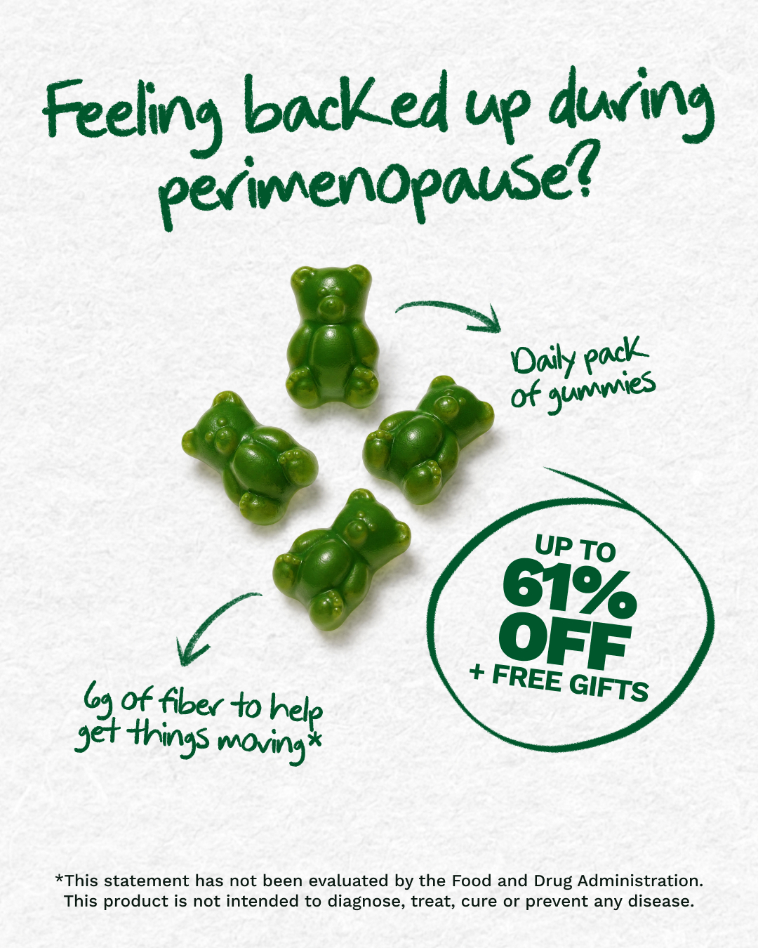 Grüns ad asking 'Feeling backed up during perimenopause?' with gummy illustrations and an offer callout.