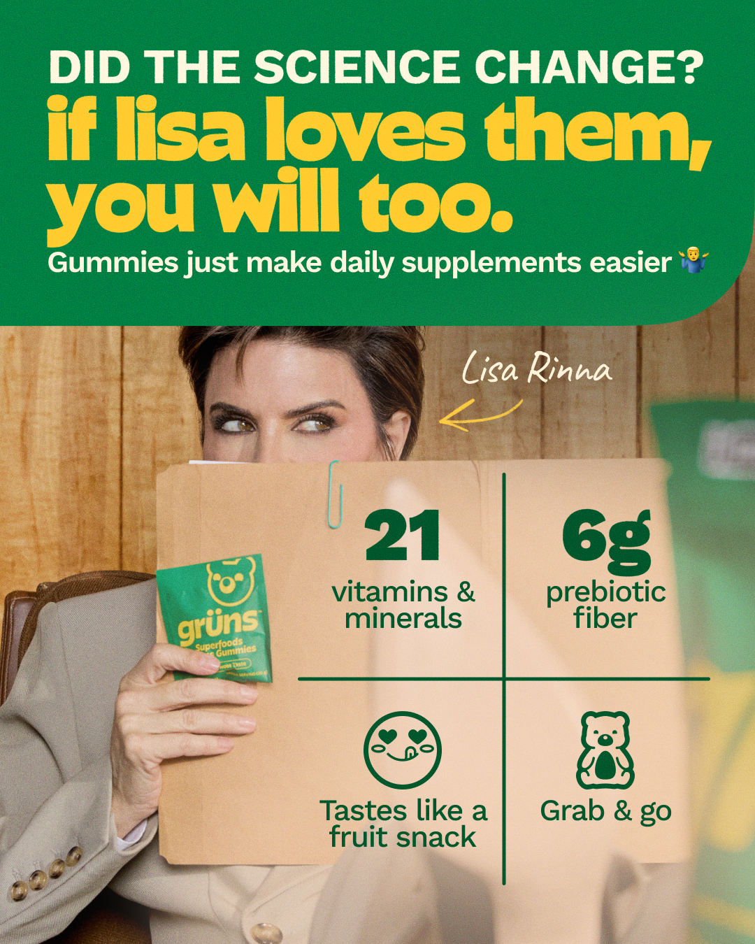 Lisa Rinna holding a Grüns pouch beside vitamin, mineral, fiber, taste, and portability callouts.