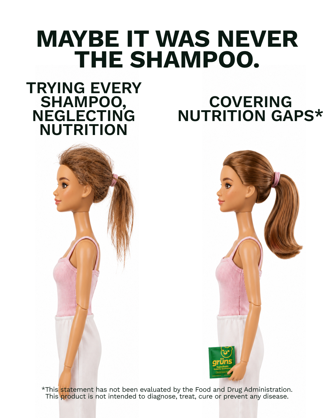 Grüns hair-thinning ad comparing an external shampoo routine with daily nutrition support.