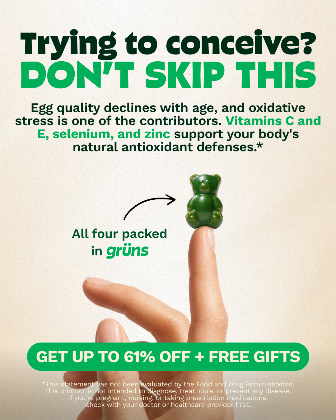 Grüns fertility ad mapping nutrients around a gummy in a trying-to-conceive context.