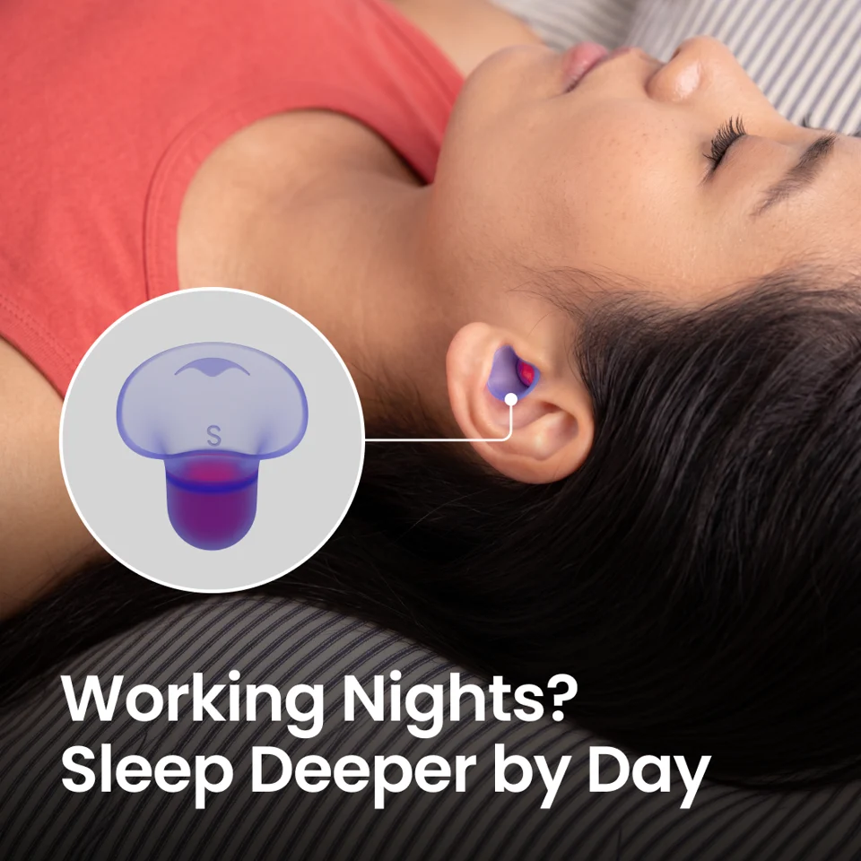 A person sleeping with a purple Manta earplug; text reads Working Nights? Sleep Deeper by Day.