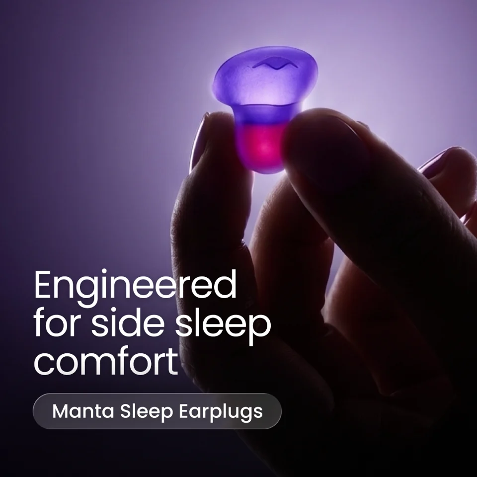 A hand holding a purple Manta earplug beside Engineered for side sleep comfort.