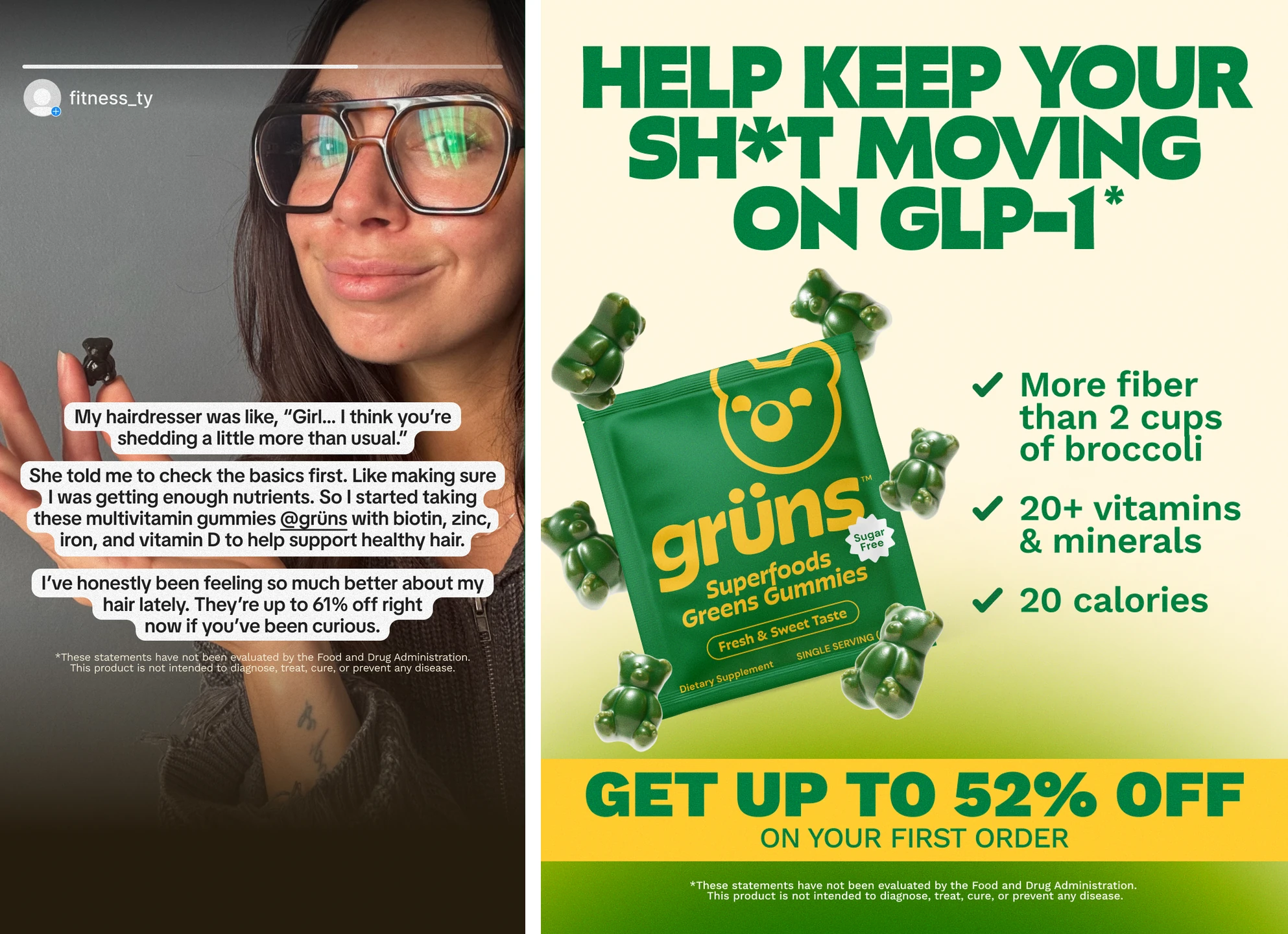 Two Grüns ads: women’s hair thinning and gut support while taking GLP-1 medication