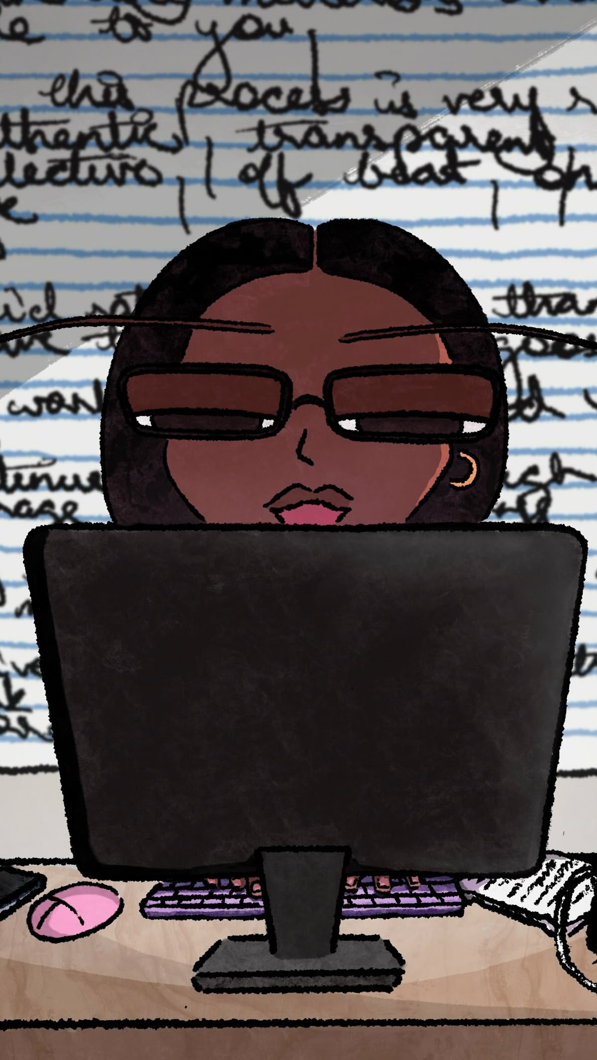 Illustration of a focused person with dark skin and glasses working at a desktop computer with a black monitor, purple keyboard, and pink mouse on a wooden desk, with handwritten notes on lined paper in the background.