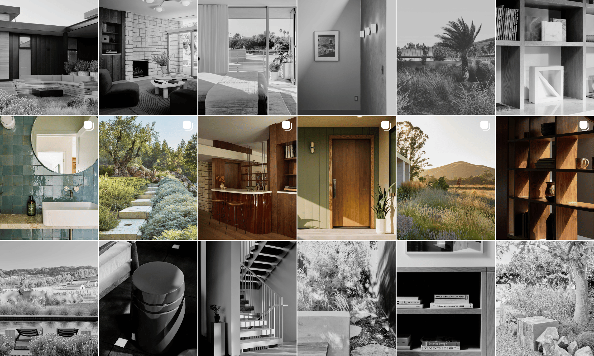 Grid of 15 photos featuring modern architecture and interior design scenes, including outdoor seating, fireplaces, bedrooms, staircases, landscaped gardens, wooden cabinetry, doorways, bookshelves, and natural surroundings, showcasing a variety of styles and lighting.