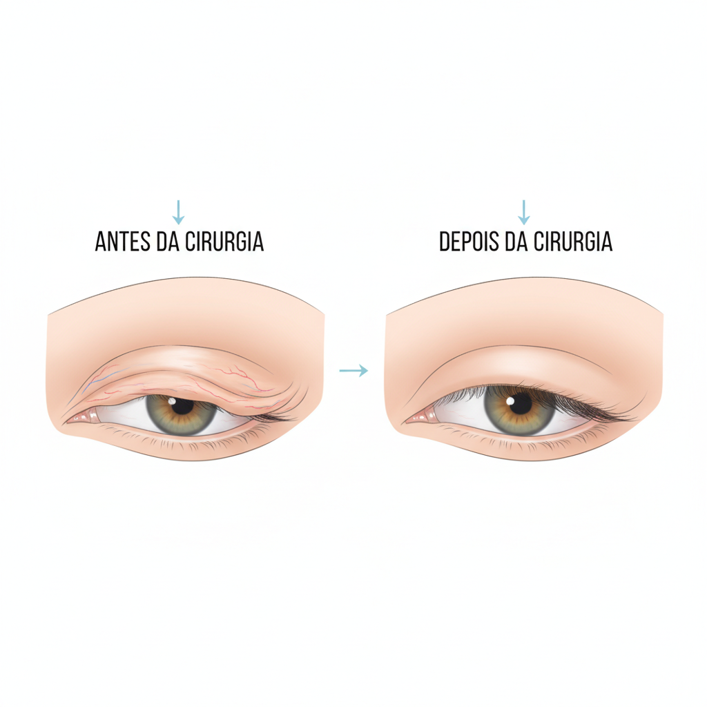 Infográfico comparativo mostrando um olho com cristalino opaco (catarata) e um olho com lente intraocular implantada recuperando a visão