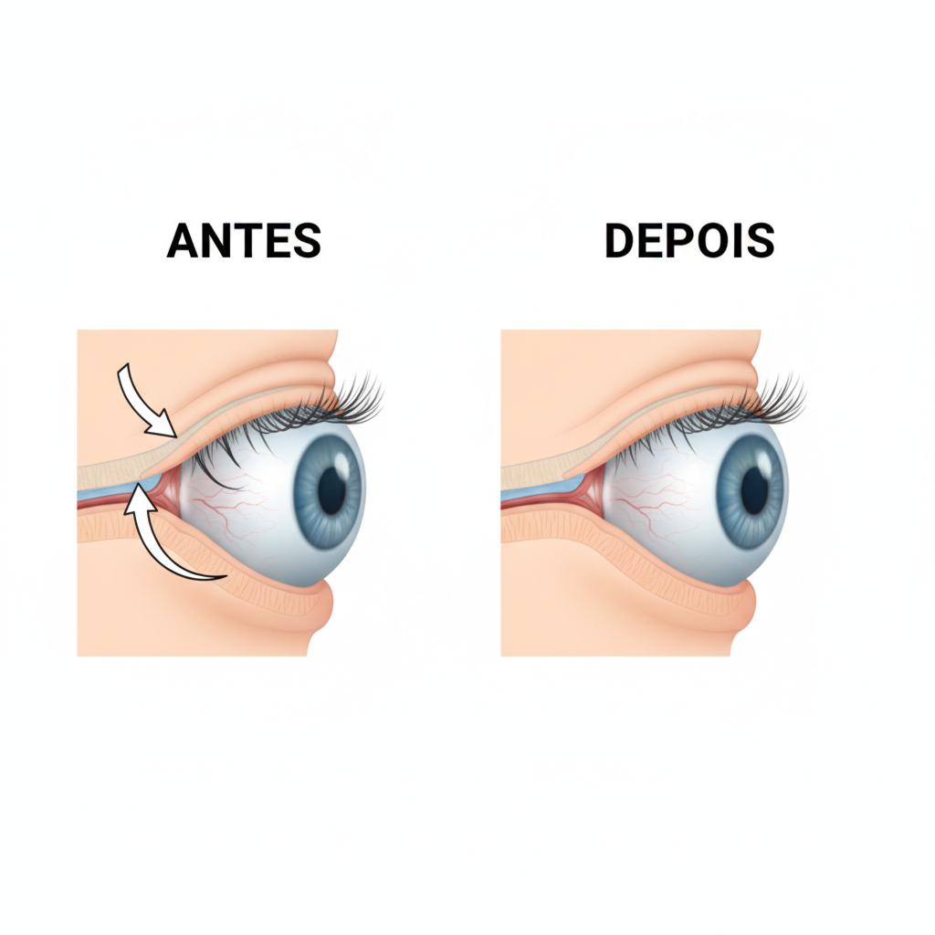 Infográfico comparativo mostrando um olho com cristalino opaco (catarata) e um olho com lente intraocular implantada recuperando a visão