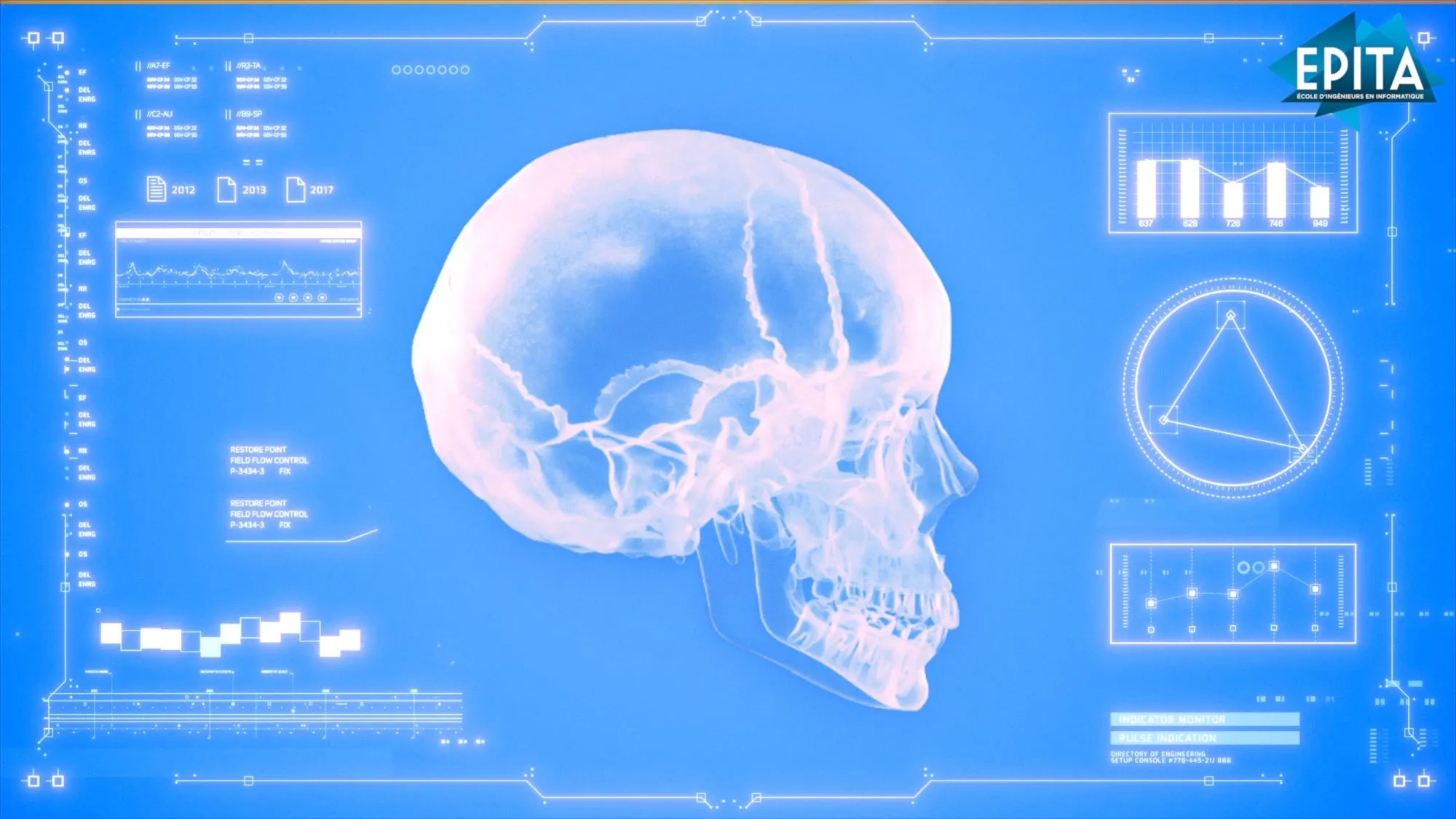 Un crâne en imagerie médicale animée, entouré de graphiques et de schémas en motion design
