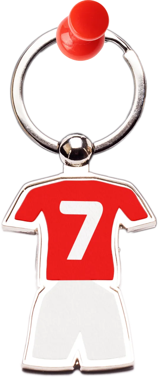 Keychain shaped like a red sports jersey and shorts with the number 7 on the jersey.