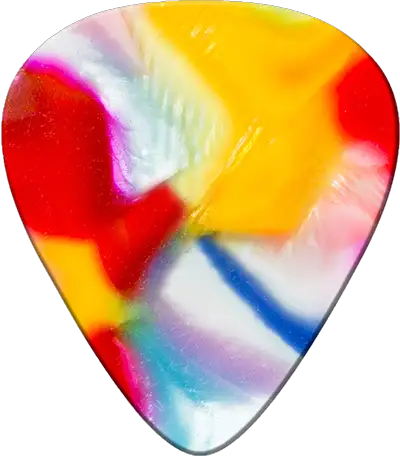 Colorful guitar pick with abstract swirls of red, yellow, blue, and white.