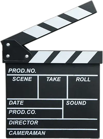 Black and white film clapperboard with sections for production info, scene, take, roll, date, and sound.