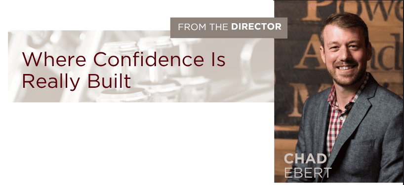 Chad Ebert, founder of Foundations Music Academy, featured in a 'Where Confidence Is Really Built' brand graphic