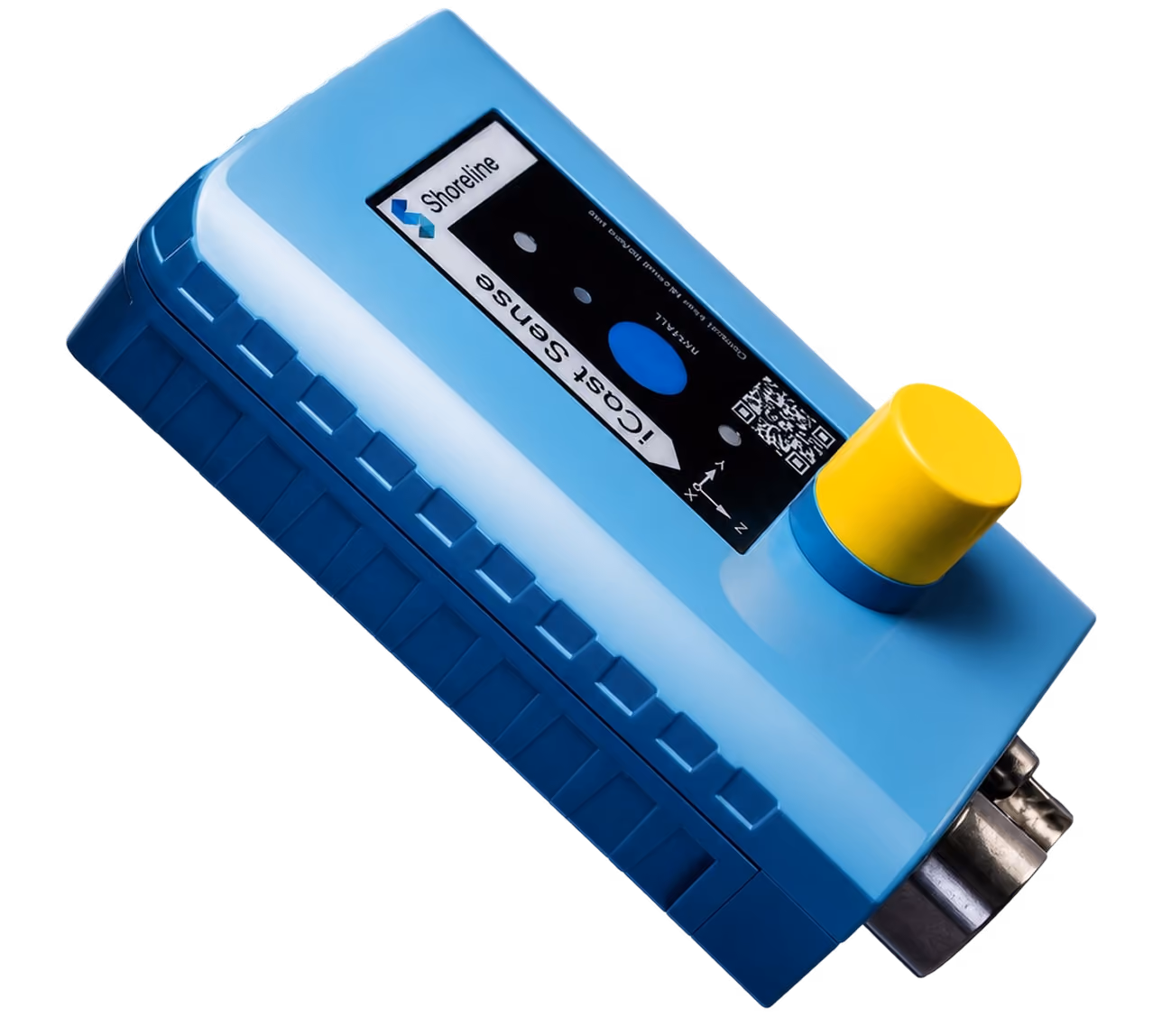 iCast Sense by Shoreline: blue industrial sensor with a yellow knob.