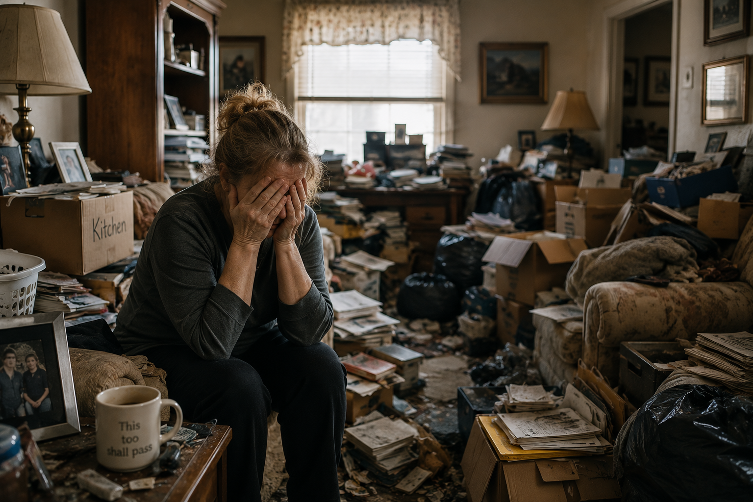 Cluttered hoarder house interior