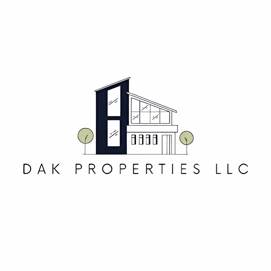 Logo of a modern two-story house with two trees and the text 'DAK PROPERTIES LLC' underneath.