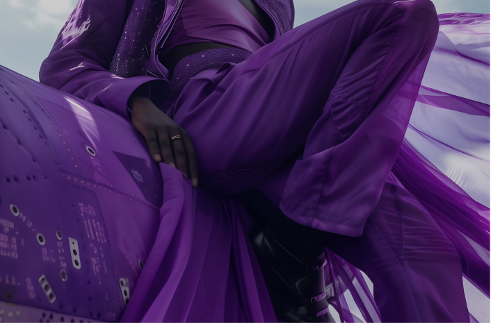 Model in a voluminous purple gown at Paris Fashion Week