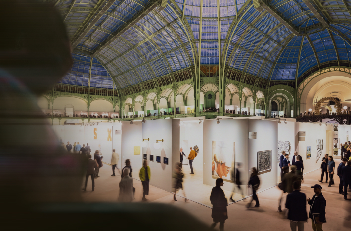 Visitors in the glass-roofed Grand Palais during Art Basel Paris