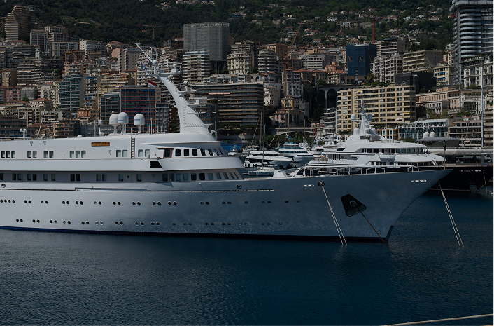 Superyachts moored in the harbour at the Monaco Yacht Show