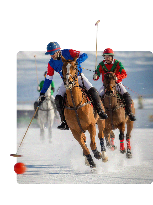 Two riders competing in a snow polo match