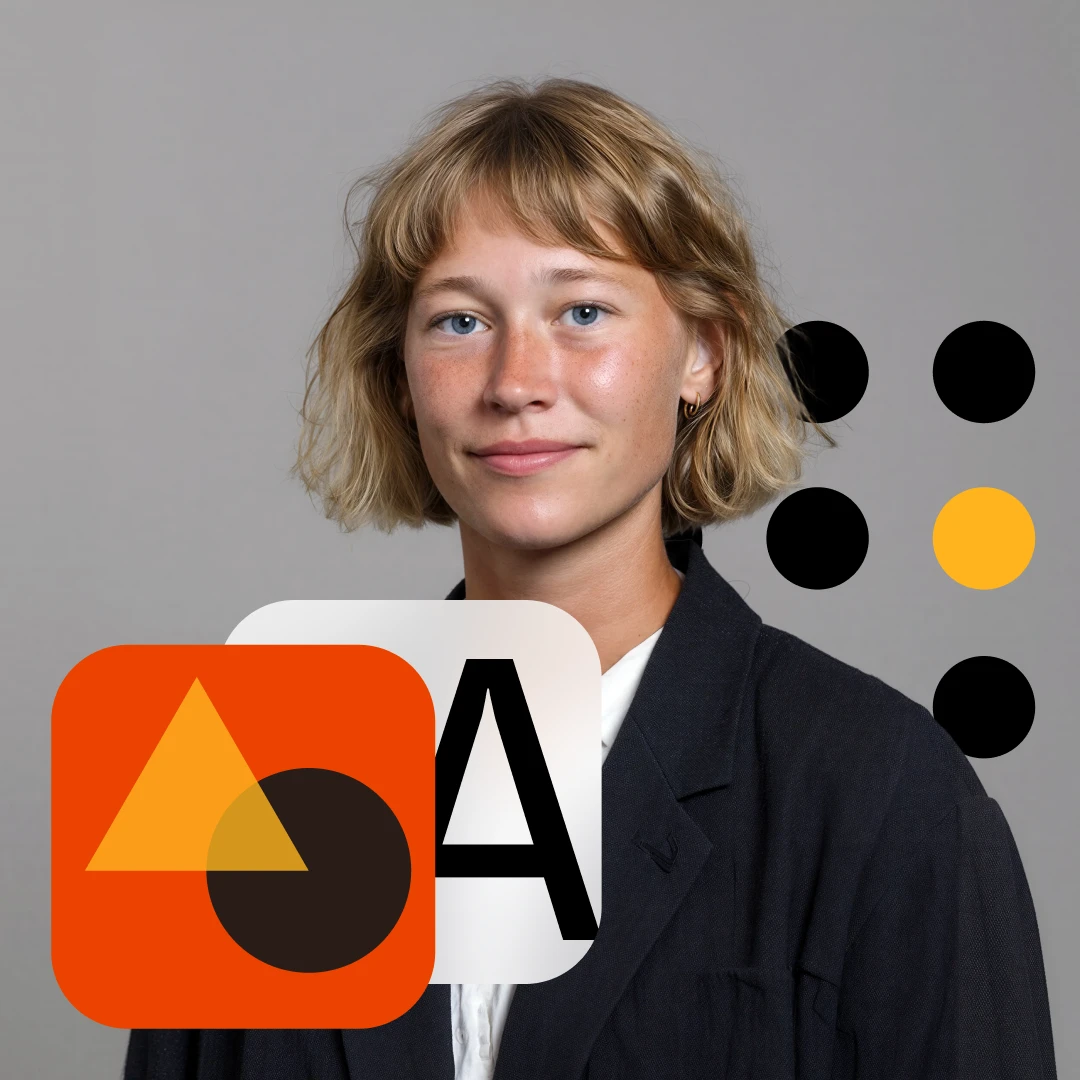 Portrait of a young woman with short blonde hair and blue eyes wearing a black blazer and white shirt, with abstract orange and black shapes overlay.