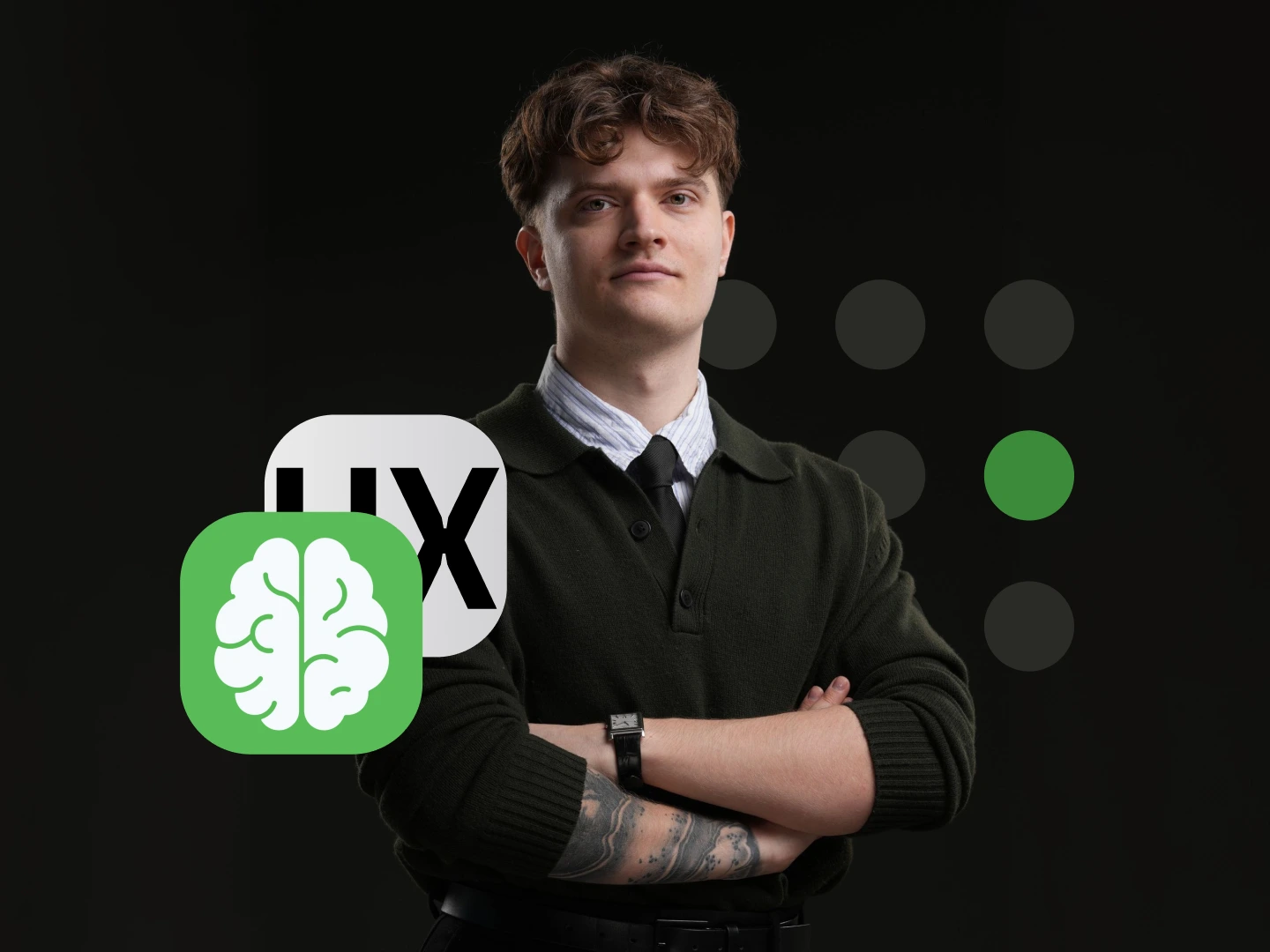 Man with curly hair wearing dark sweater with arms crossed, digital brain and UX icons beside him.
Thumbnail of the course of ux logic for ux ui product designers by logic rune