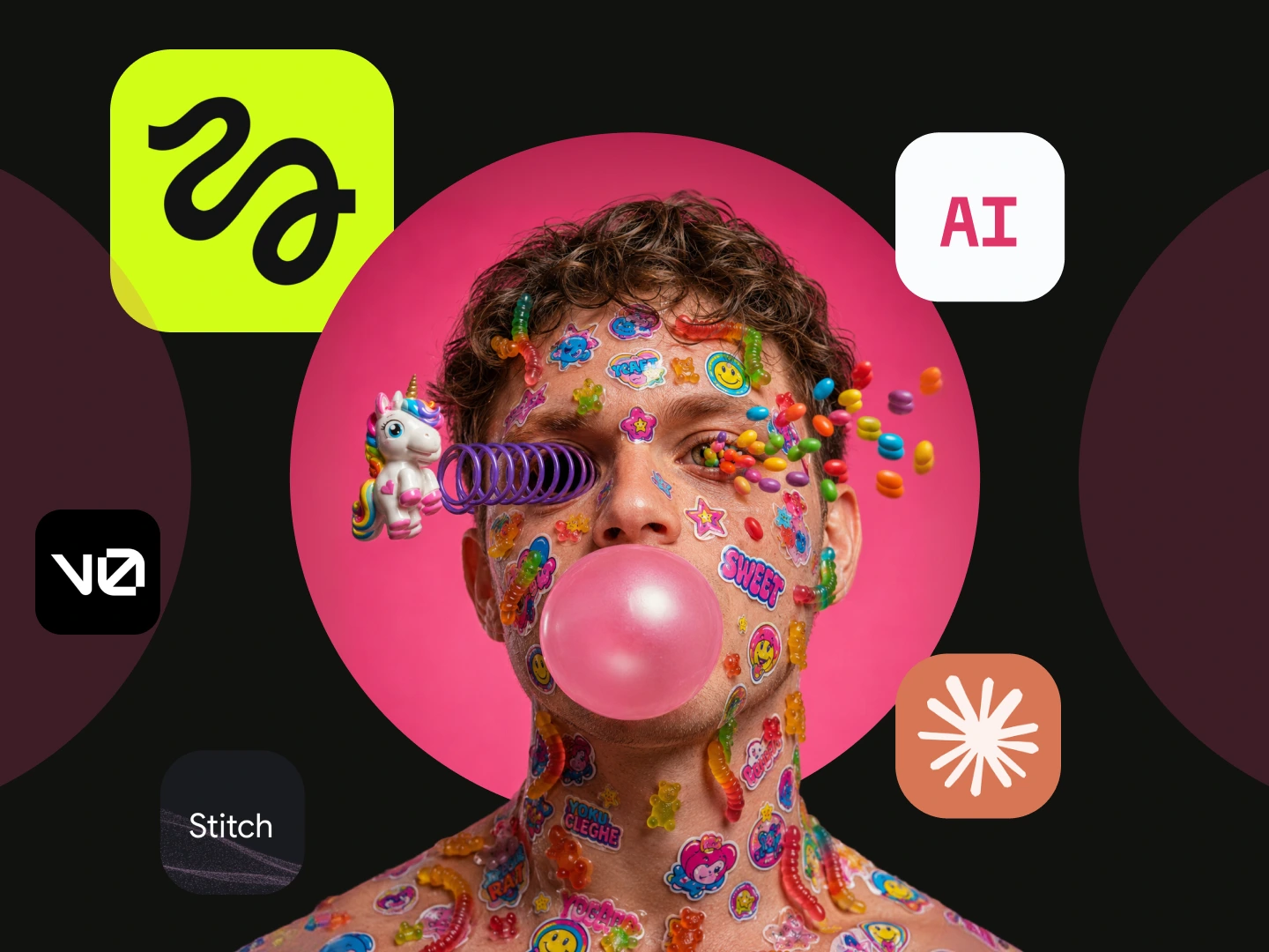 Person covered in colorful stickers and gummy worms blowing pink bubblegum, with a unicorn toy and jellybeans near eyes. ai design ux ui product course