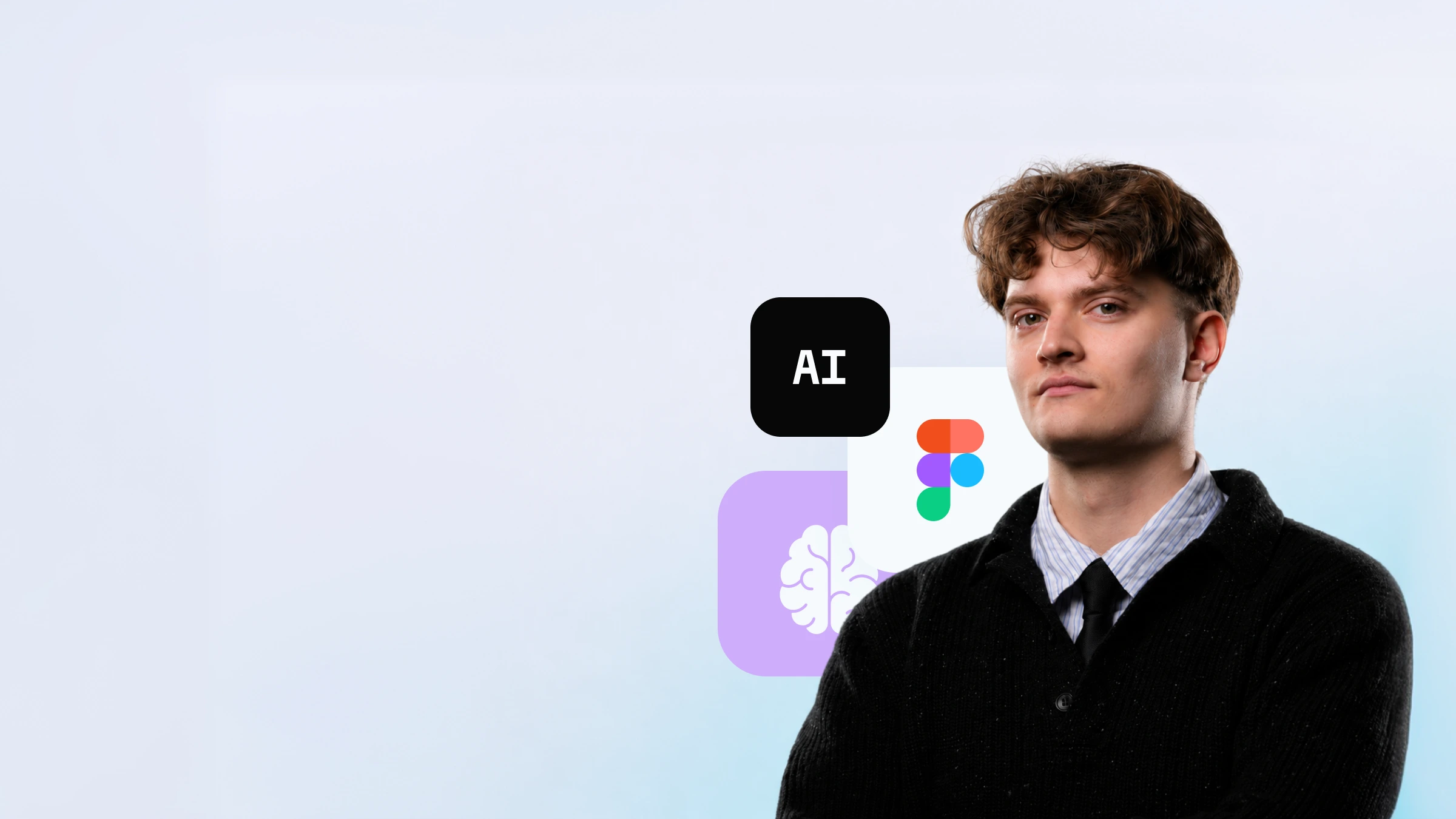 Confident young man in black sweater and tie with AI, brain, and Figma icons behind him. Main cover picture for the academy website of ux ui product design