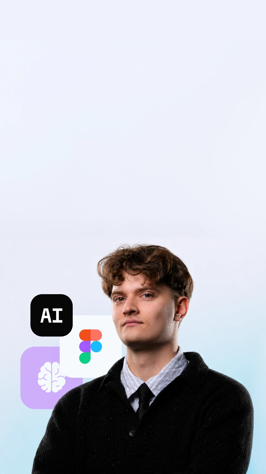 Confident young man in black sweater and tie with AI, brain, and Figma icons behind him. Main cover picture for the academy website of ux ui product design