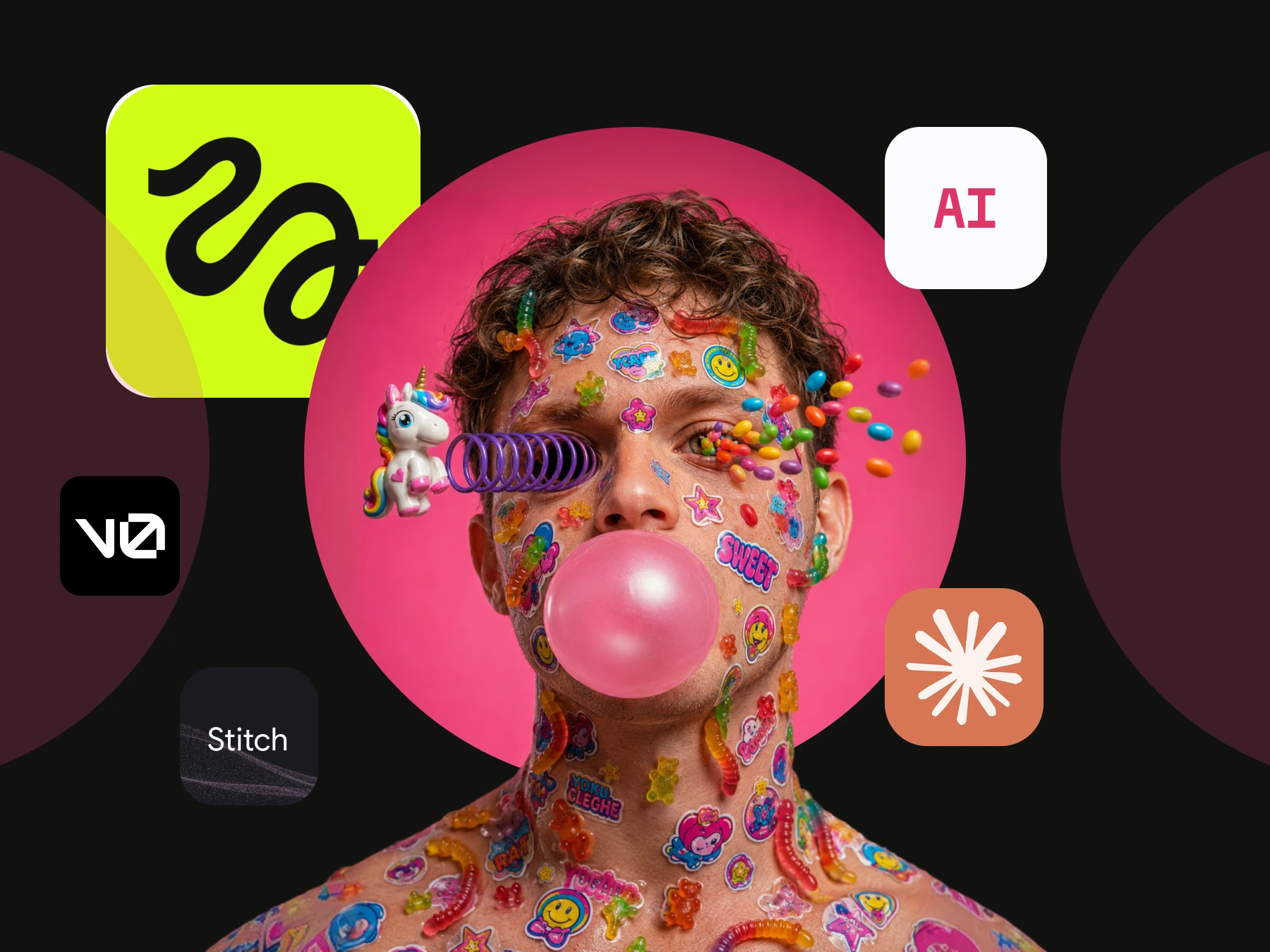 Person covered in colorful stickers and gummy worms blowing pink bubblegum, with a unicorn toy and jellybeans near eyes. ai design ux ui product course