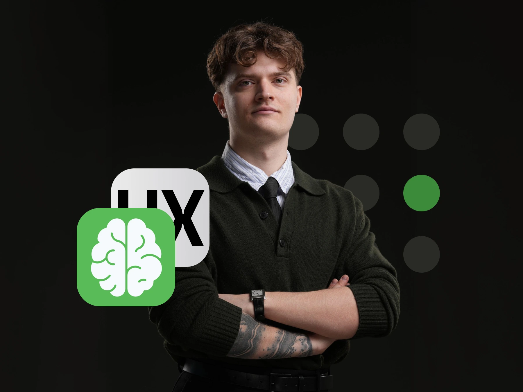 Man with curly hair wearing dark sweater with arms crossed, digital brain and UX icons beside him.
Thumbnail of the course of ux logic for ux ui product designers by logic rune