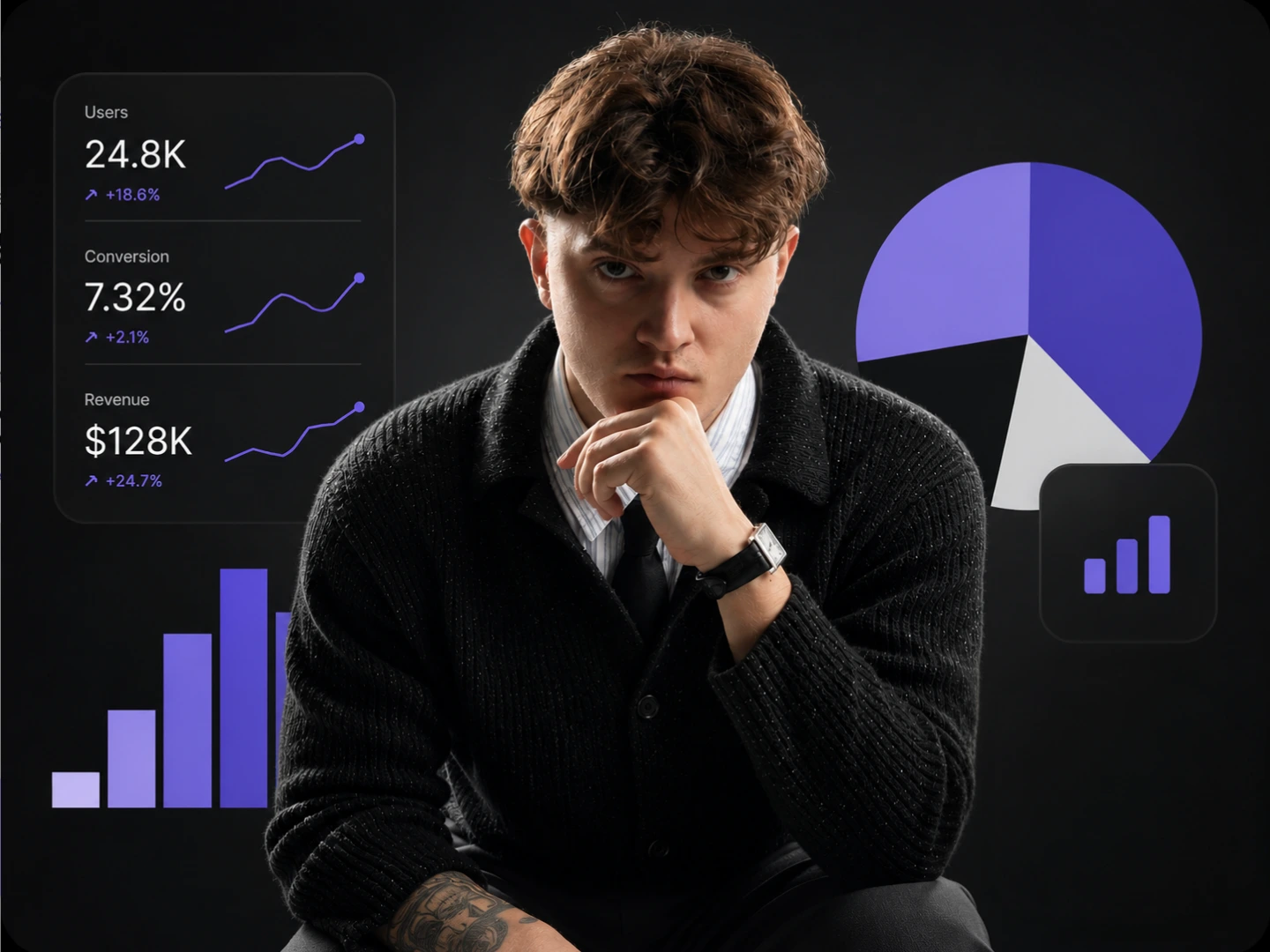 Man in black sweater with tattooed arm looking thoughtful with business charts and graphs around him. ux ui product designers course of metrics and analytics thumbnail 
