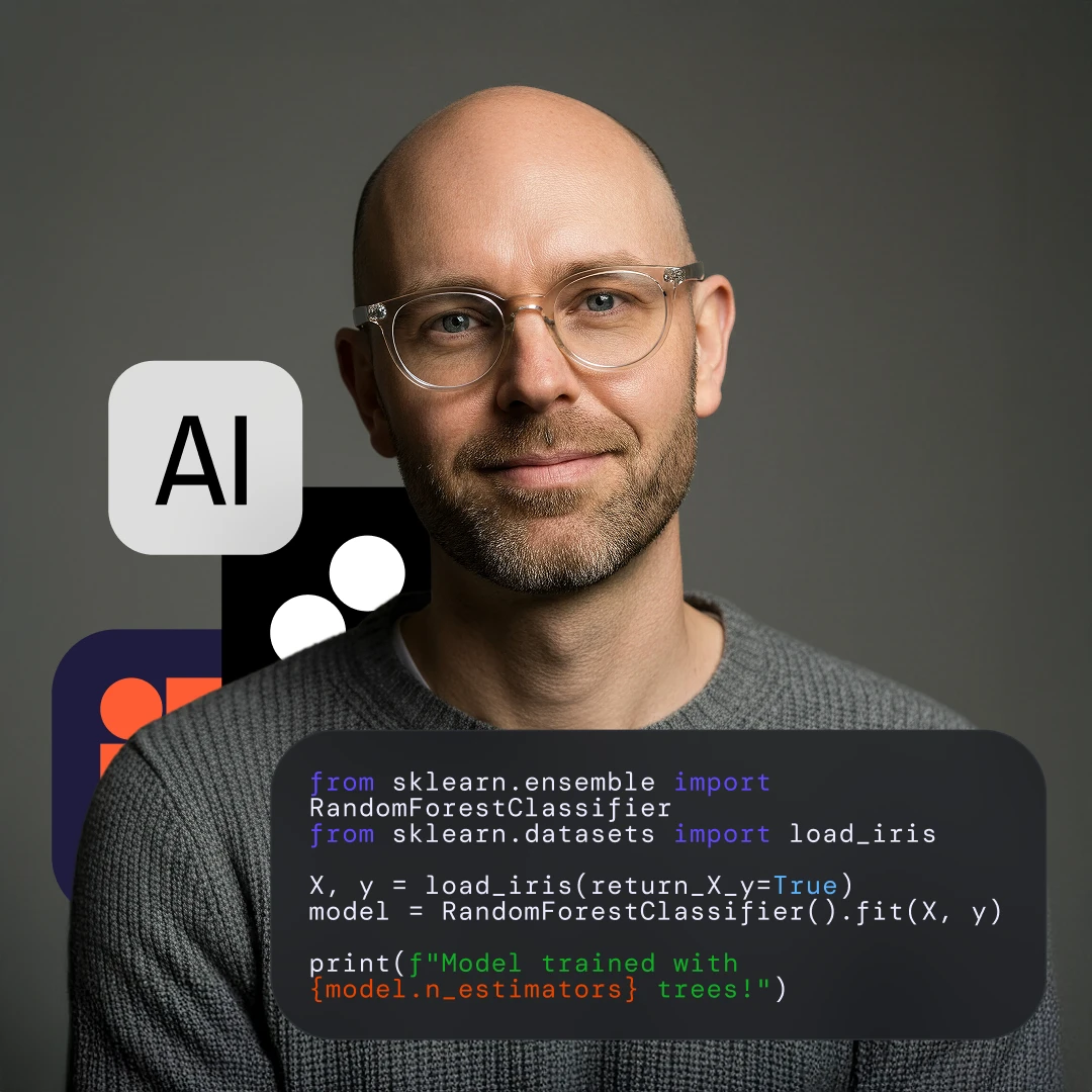 Portrait of a bald man with glasses wearing a grey sweater, with AI-related icons and a code snippet for training a RandomForestClassifier on the iris dataset overlaid.