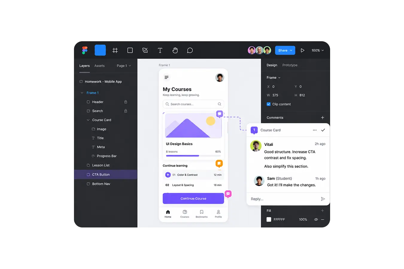 picture of feedback in Figma at ux ui product design course
