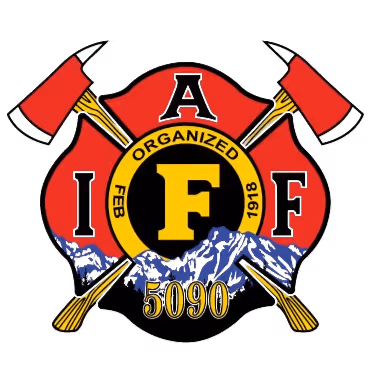 Red fire department emblem with crossed axes, 'IAFF', 'Organized Feb 1918', and number '5090'.
