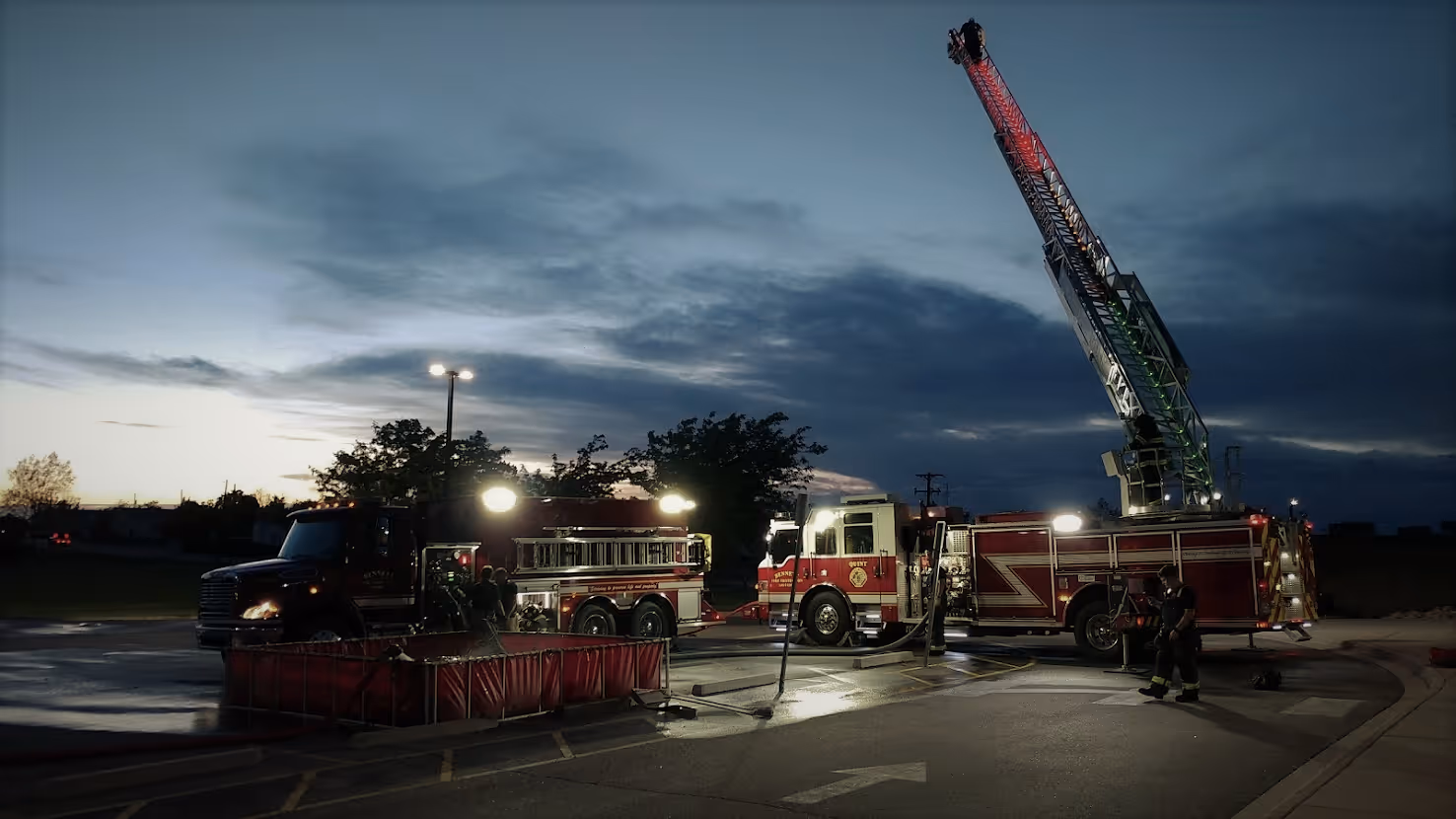 Fire trucks with extended ladder and firefighters preparing equipment at dusk under a cloudy sky.