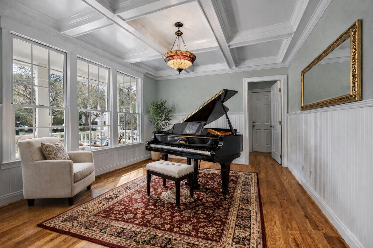 Ms. Becky's piano studio room with grand piano