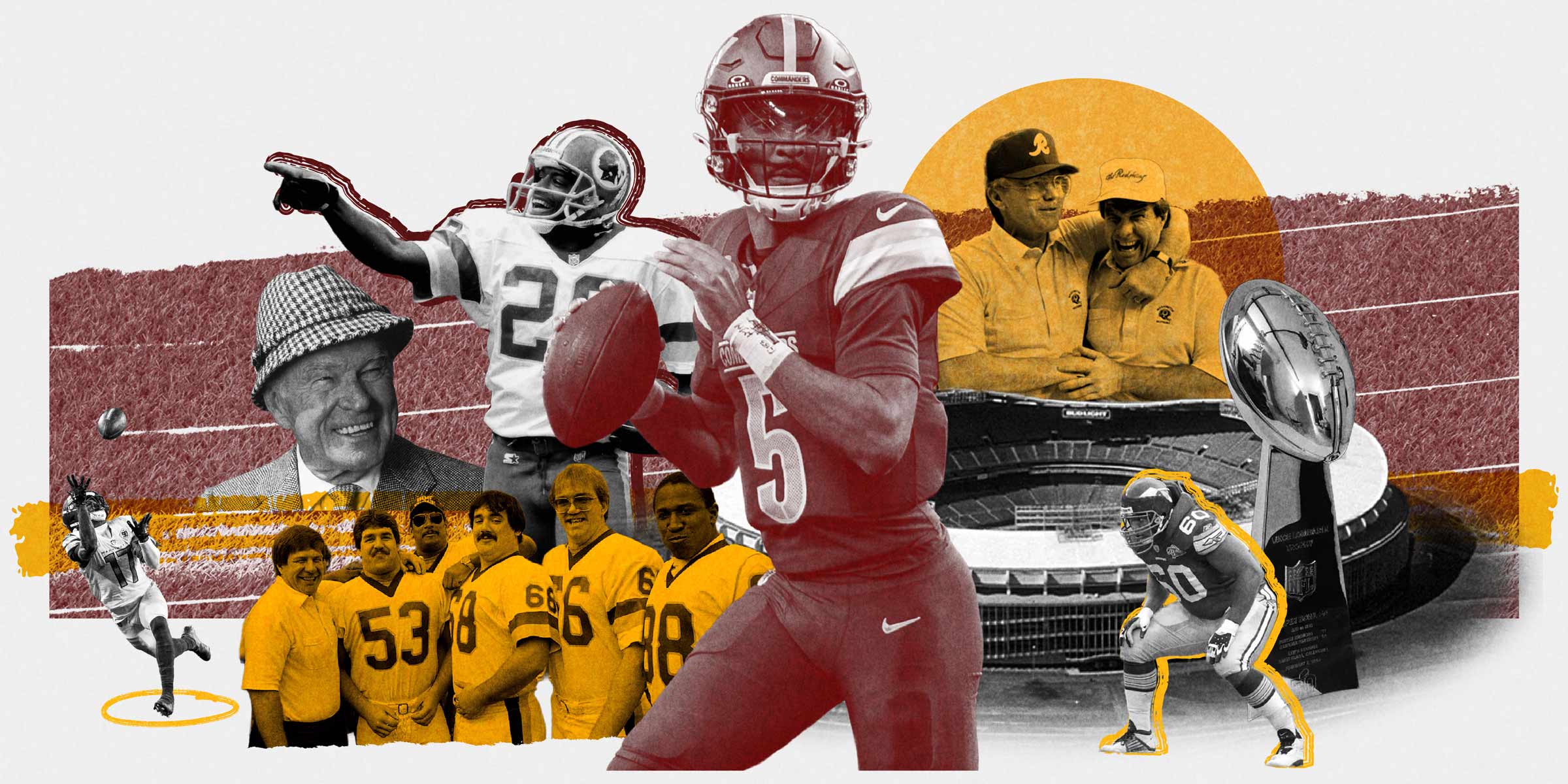 Collage of Jayden Daniels, Jack Kent Cooke, Joes Gibbs and Bugel